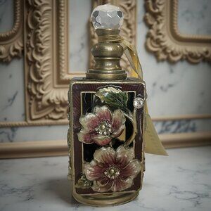 Vintage Jeweled Enameled Flowers Perfume Bottle 4-1/2" Tall